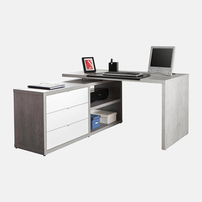 Scrivania angolare con tre cassetti e due ripiani, 140 x 150 x 74.2, Bianco