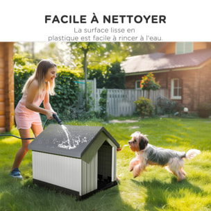 Niche chien extérieure - maison chien - niche plastique - grille d'aération - dim. 62L x 61l x 60H cm - blanc gris noir