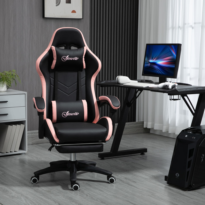 Silla Gaming Silla Gamer Racing de Cuero PU con Altura Ajustable Reclinable 135° Reposacabezas y Reposapiés Retráctil para Oficina Estudio 65x65x121-129 cm Negro