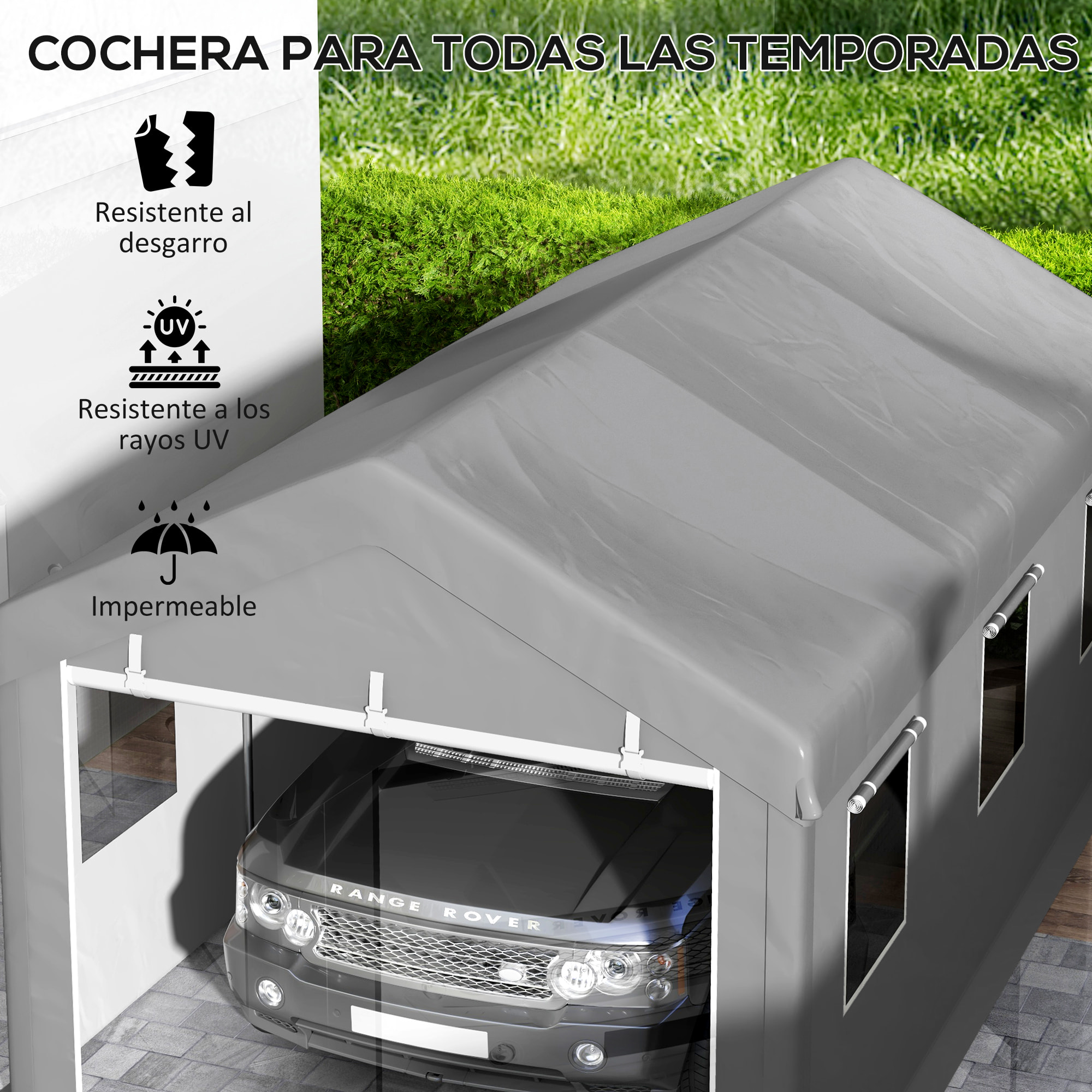 Carpa Garaje Portátil 6x3 m, Garaje Exterior para Coche Impermeable con Paredes Laterales Desmontables, 2 Puertas Enrollables y 6 Ventanas, Cobertizo de Almacenamiento Anti-UV, Gris Claro