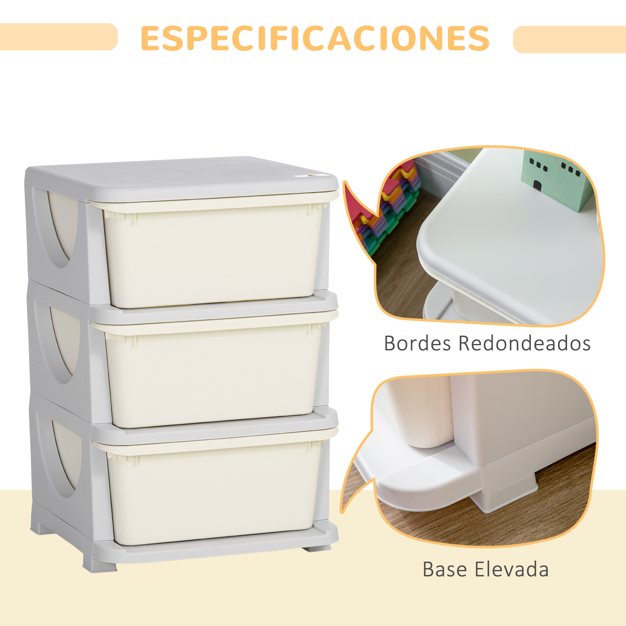 Torre de Almacenamiento Infantil con 3 Cajones Organizador de Juguetes para Niños +3 Años Gran Almacenaje con Asas para Juguetes Ropa Libros 37x37x56,5 cm Crema