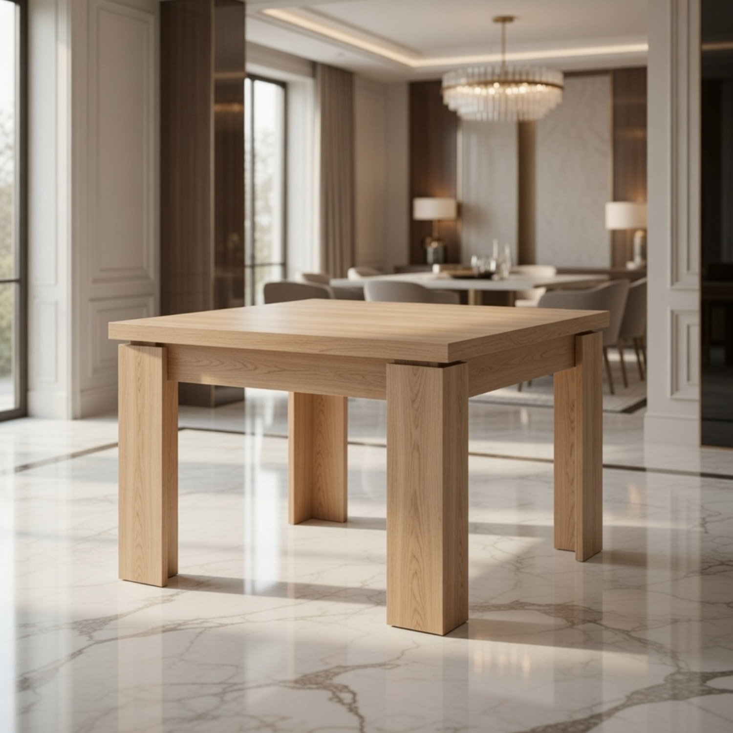 Tavolo Allungabile Moderno Gambe Spesse Design Minimal Meccanismo Centrale Estensibile Ideale Per Cucina Sala da Pranzo 90 x 90 / 180 x 90 Cm Rovere