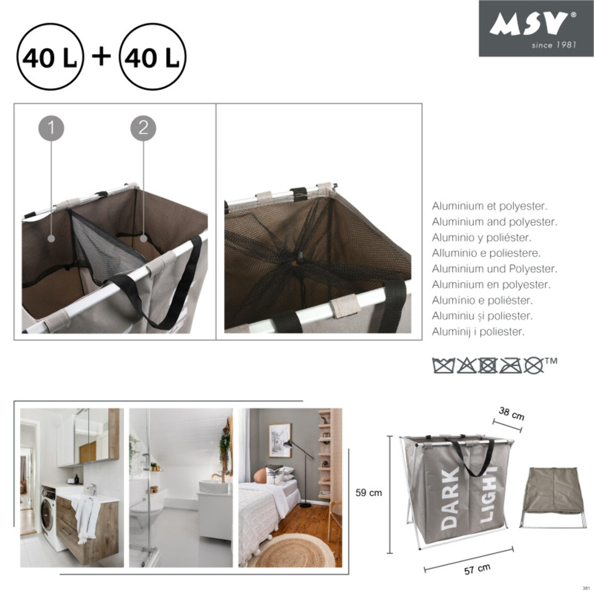 Panier à  linge 2 compartiments DARK LIGHT (2x40L) Taupe MSV
