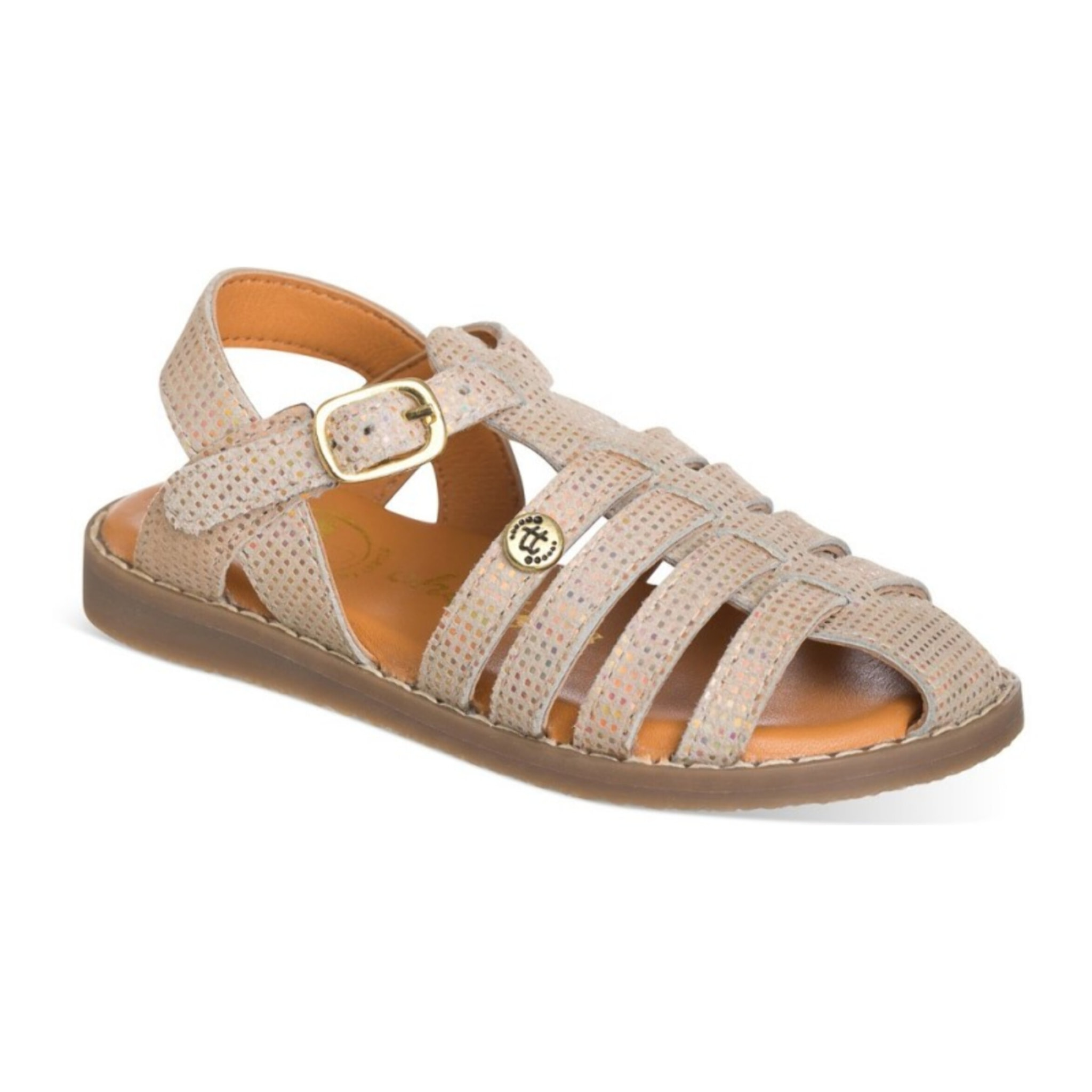 Sandalia cangrejera estampada con brillo confeccionada 100% piel color oro rosa