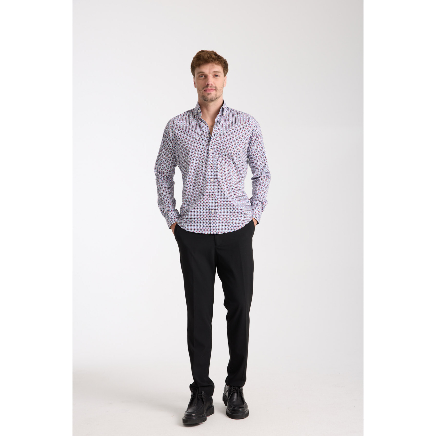 camicia uomo 1 bottone button down slim Popeline Stretch Stampato Blu\Rosso
