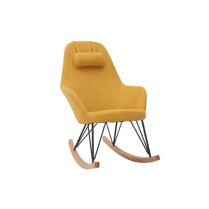 Rocking chair scandinave en tissu effet velours jaune moutarde, métal noir et bois clair JHENE