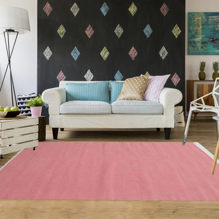 Tapis Kilim tissé à la main en laine uni rose