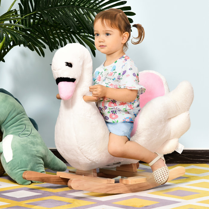 Cheval à bascule modèle cygne fonction musicale assise enveloppante cale-pieds bois peluche douce blanc rose