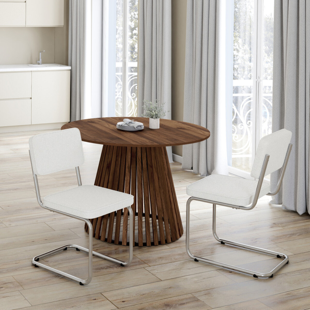 Chaises Naya en bouclette crème et pied métal - lot de 4