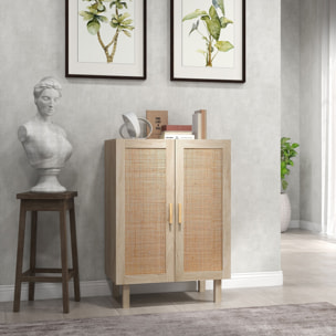 Buffet 2 portes 2 étagères réglables style bohème chic cannage en rotin panneaux aspect bois clair