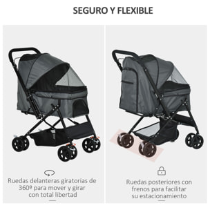 Cochecito para Mascotas Plegable Carrito para Perros Gatos con Toldo Ajustable Cesta de Almacenaje Correas de Seguridad y Frenos Tela Oxford 600D Acero 76,5x52x95 cm Gris