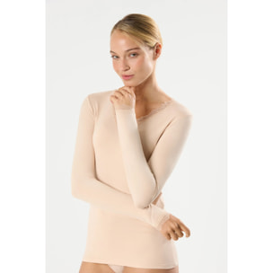 Canottiera a maniche lunghe in bambù beige