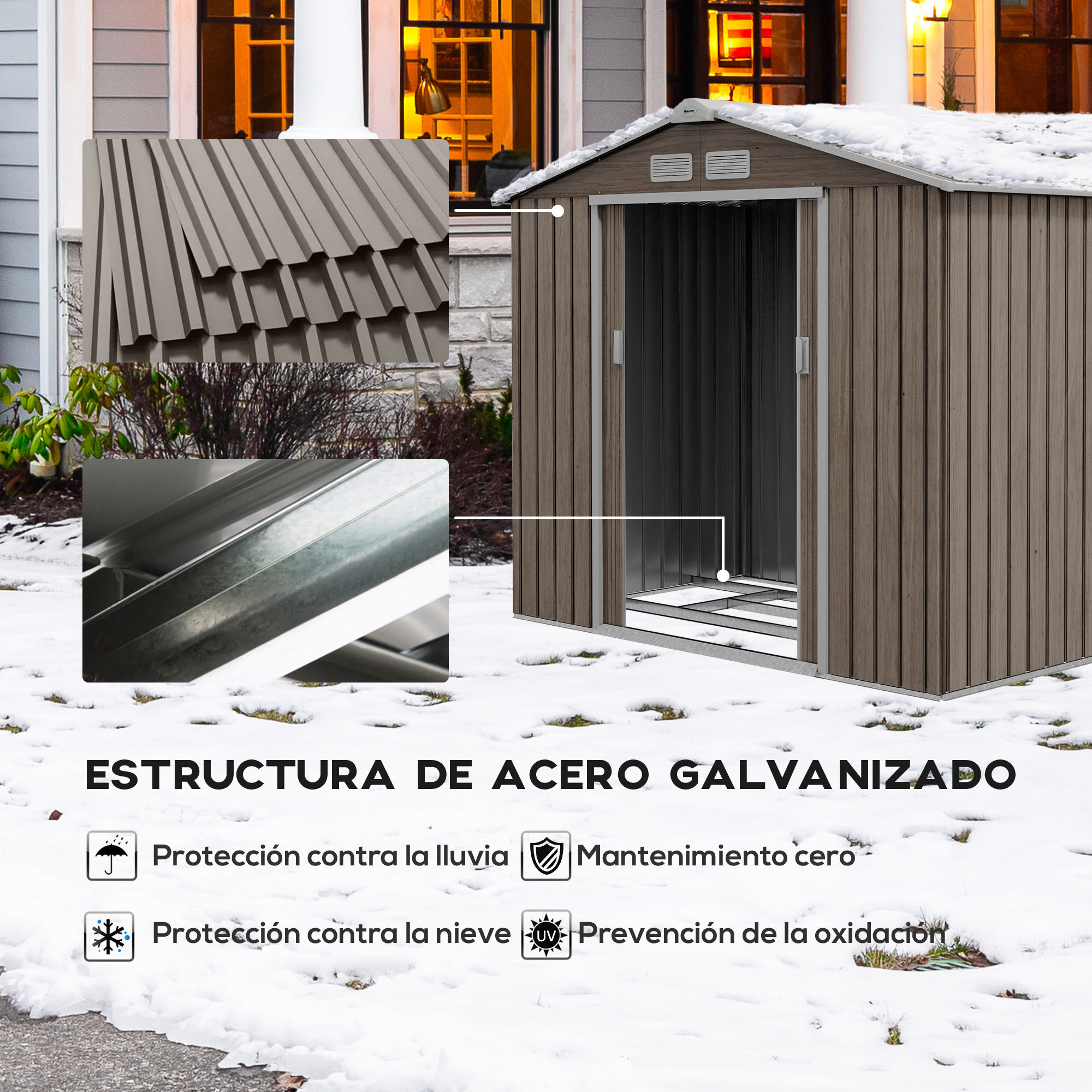 Cobertizo de Jardín 2,5m² con Base de Refuerzo Sin Suelo 213x130x185 cm Caseta de Jardín Exterior con 2 Puertas Correderas y 4 Ventanas para Almacenamiento de Herramientas Efecto Madera