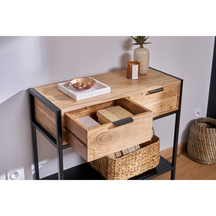 Console avec rangements 2 tiroirs en bois massif et métal noir L80 cm ARTHUS