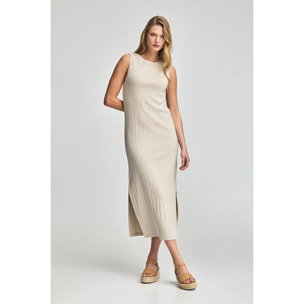 Vestido beige largo y acanalado con monograma bordado