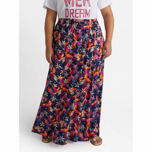 Fiorella Rubino - falda larga con estampado de loros y palmeras - Fuchsia