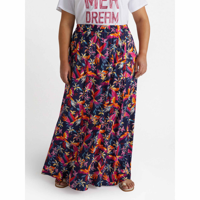 Fiorella Rubino - falda larga con estampado de loros y palmeras - Fuchsia