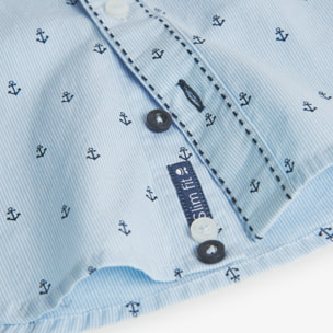 Camisa niño estampada, cuello camisero, mangas largas, azul