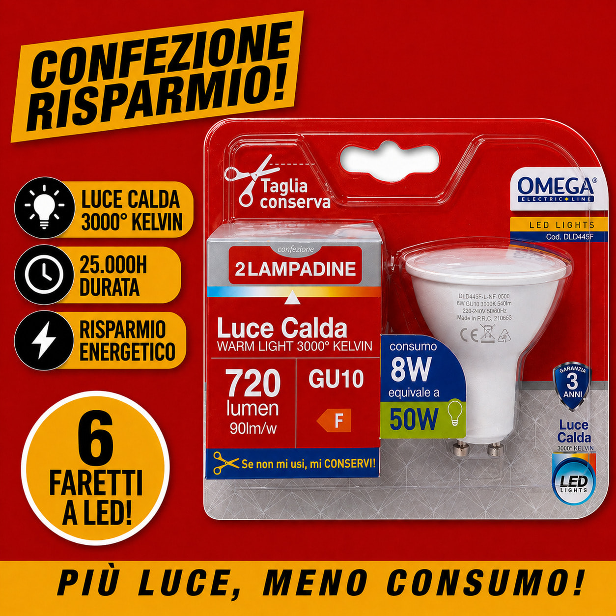 OMEGA Set 6 Faretti LED 8W 720LM GU10 3000K