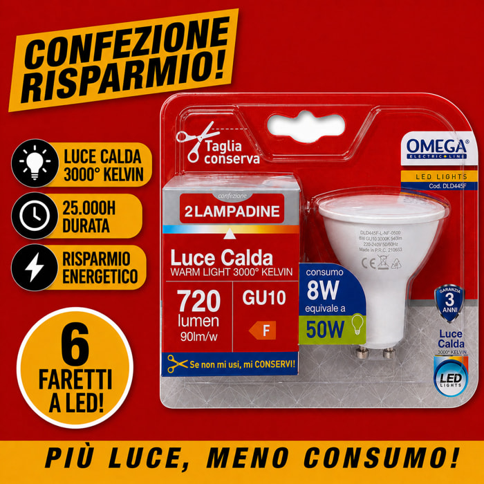 OMEGA Set 6 Faretti LED 8W 720LM GU10 3000K