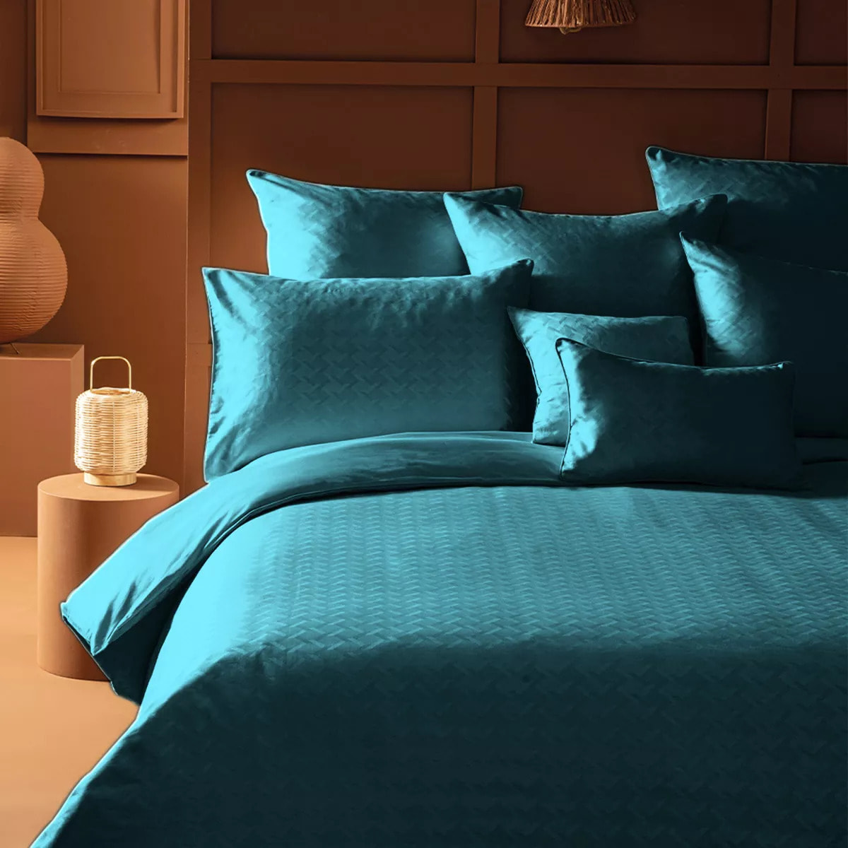 Housse de couette satin de coton motif jacquard bleu Adagio crepuscule