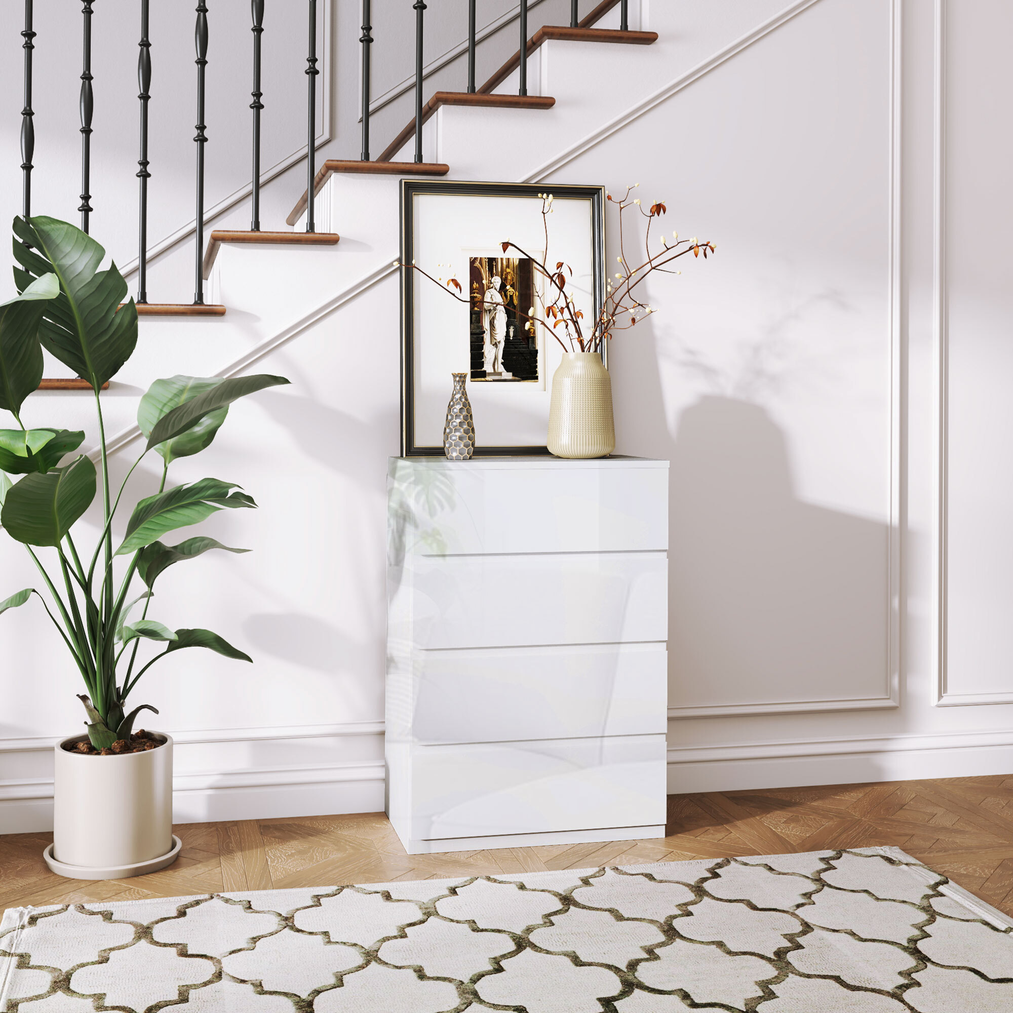 Cómoda con 4 Cajones Cómoda de Dormitorio Moderno con Diseño Anti-vuelco Cajonera para Salón Pasillo 55x33x80 cm Blanco Brillante
