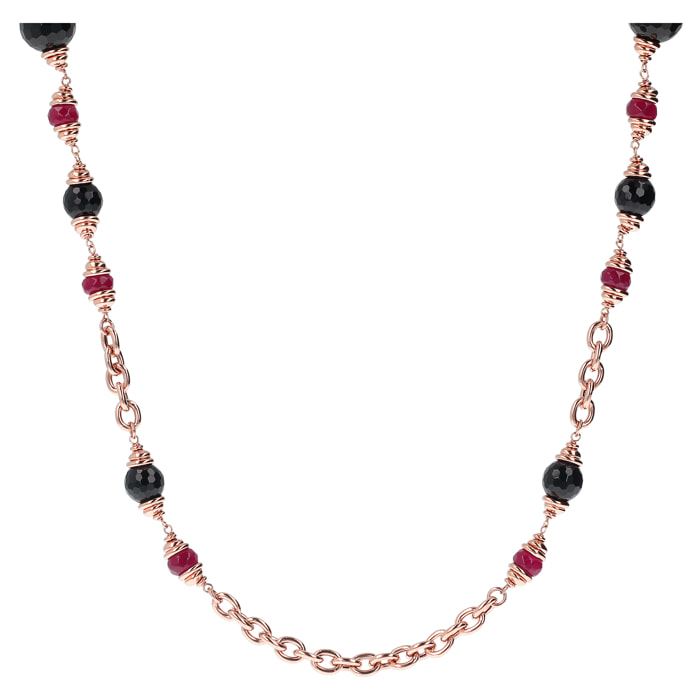 Collana Lunga Catena Rolo con Onice Nero e Quarzo Rosso