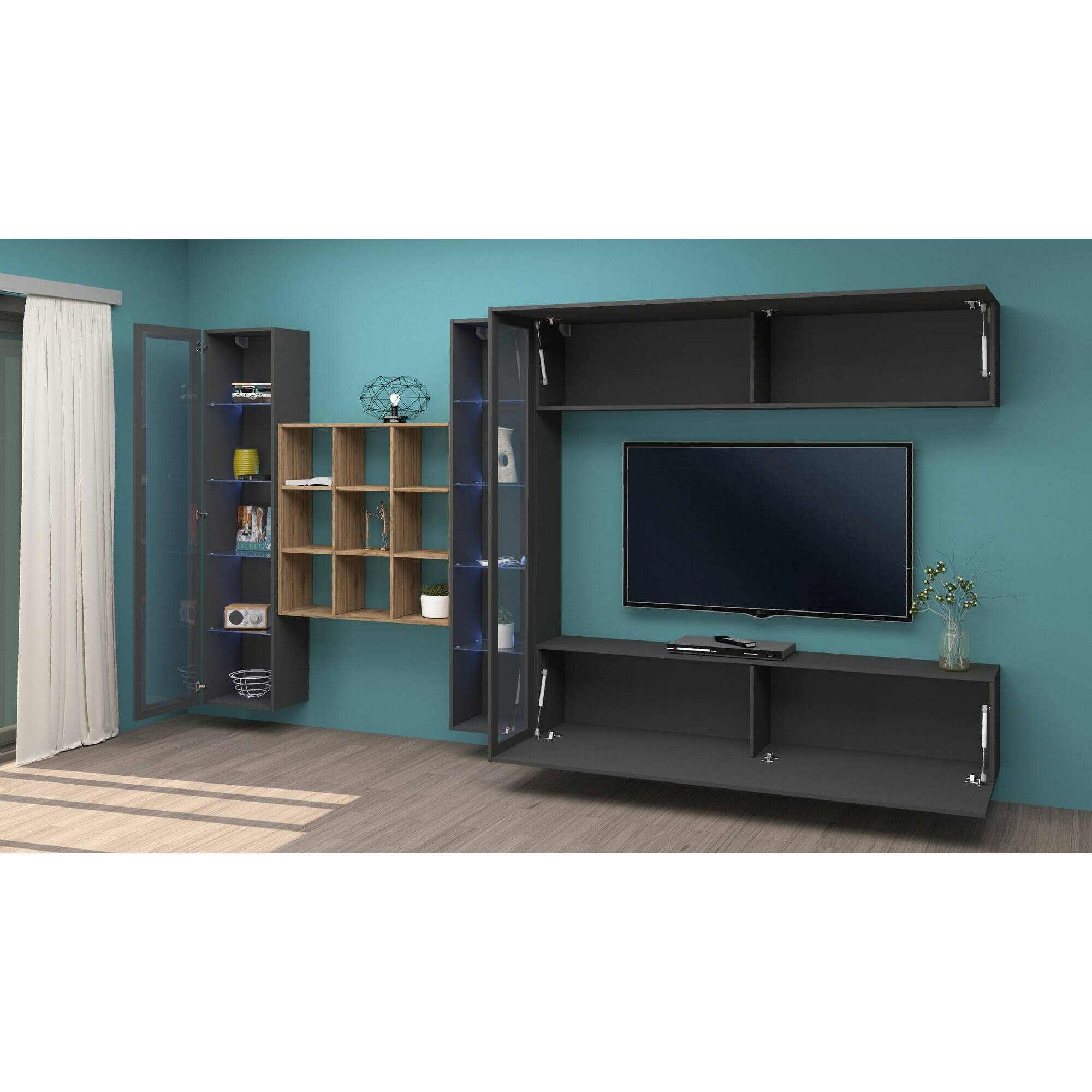 Parete attrezzata Gustavo, Set salotto porta TV a 4 ante, Mobile soggiorno multiuso con vetrina e luce LED, 100% Made in Italy, cm 350x30h180, Antracite