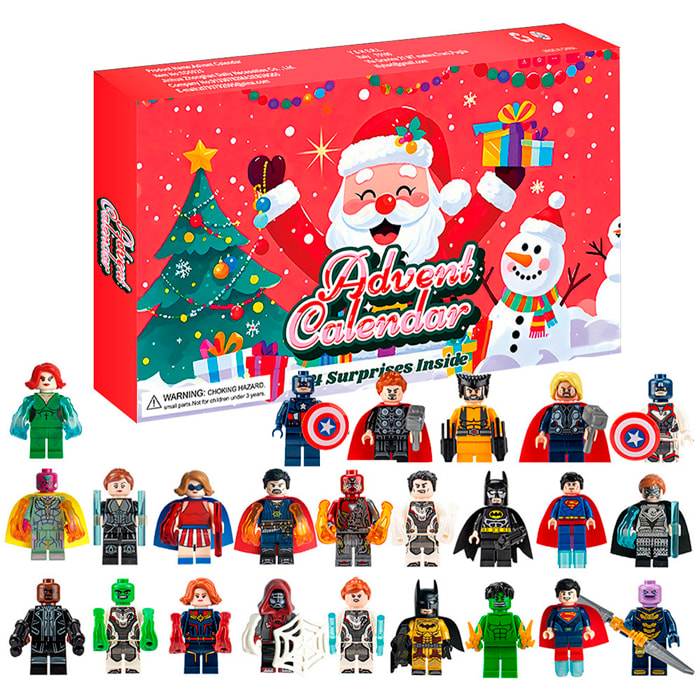 Calendario de adviento con figuritas de regalo para decorar. 24 figuras diferentes de superhéroes.