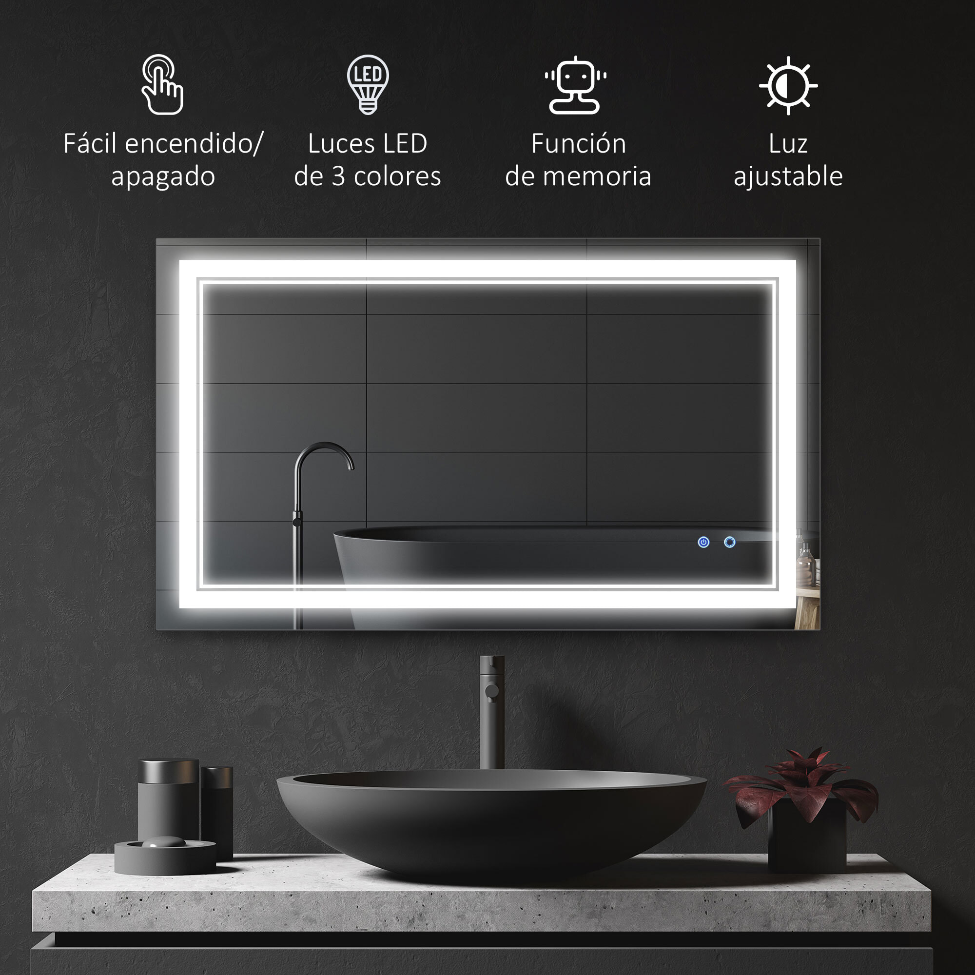 Espejo de Baño con Luz LED 100x60 cm Espejo de Pared con Interruptor Táctil 3 Luces Ajustable Función de Memoria y Marco de Aluminio Espejo Colgante en 2 Formas Plata