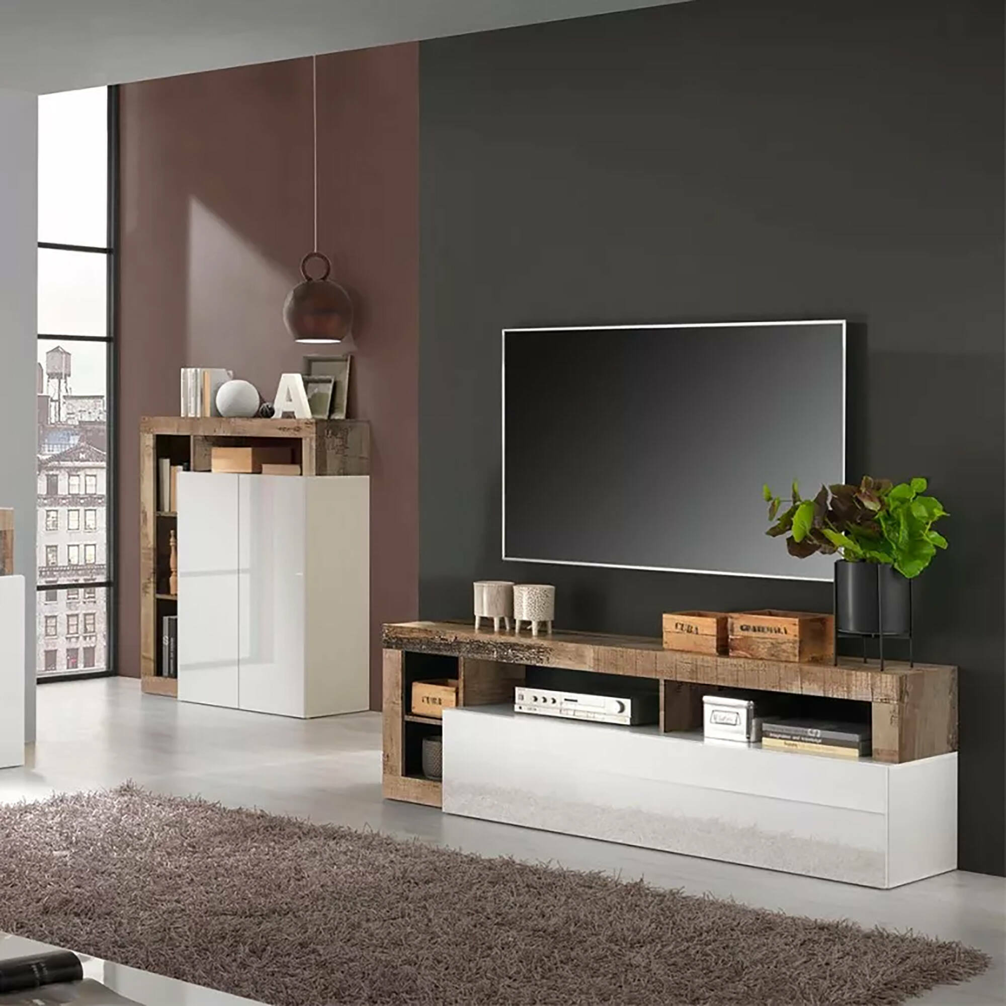 Mobile porta TV Arkangel, Credenza da soggiorno, Armadio basso per TV, Base parete attrezzata, Made in Italy, 184x42 h58 cm, Bianco lucido e Acacia