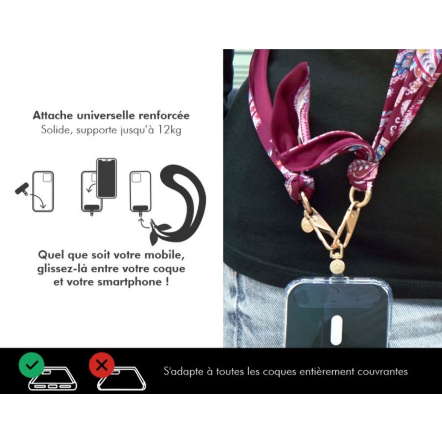 Cordon téléphone FORCE CASE Bandoulière bandana Bordeaux