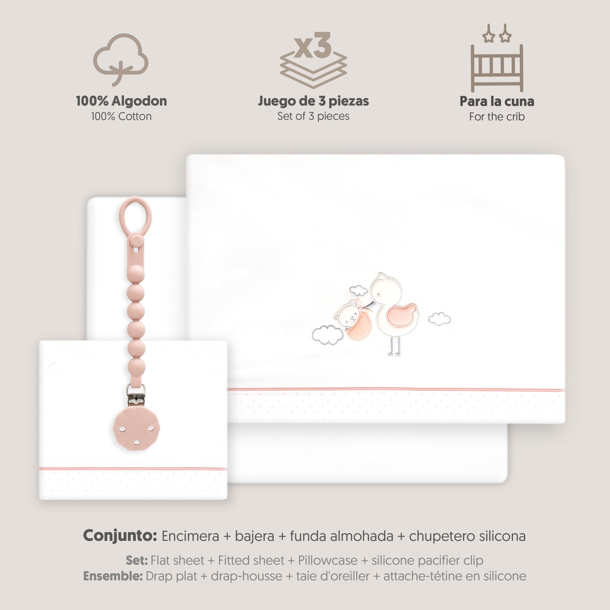 Triptico Cuna Cigueña Oso + Broche Bco/Rosa
