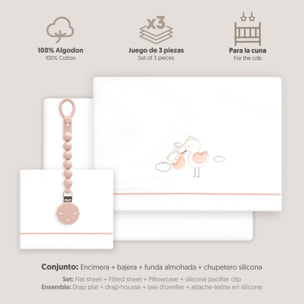 Triptico Cuna Cigueña Oso + Broche Bco/Rosa