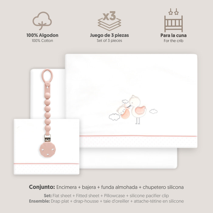 Triptico Cuna Cigueña Oso + Broche Bco/Rosa