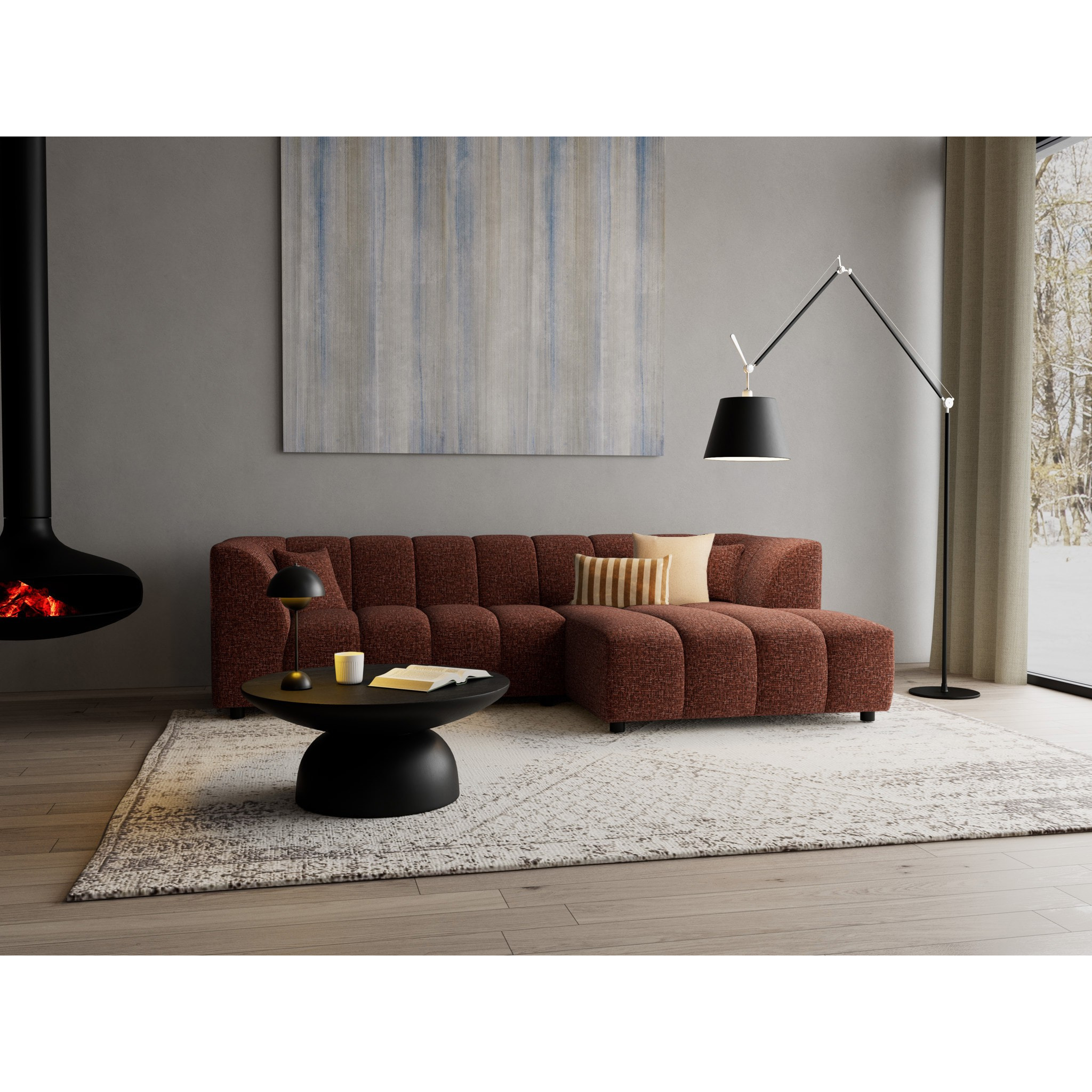 Curtis - canapé d'angle droit 4 places avec accoudoir en tissu texturé - Terracotta