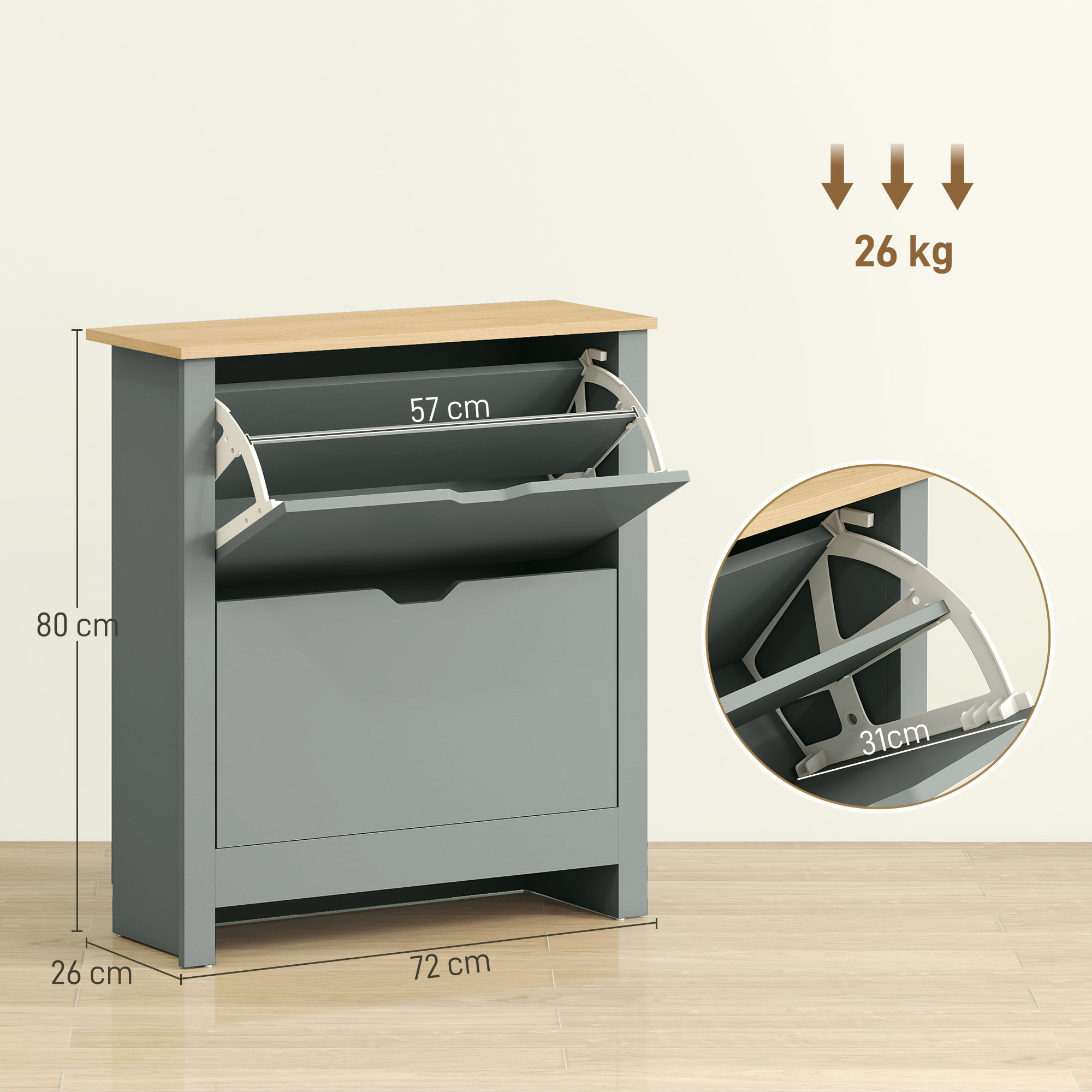 Armoire à chaussures 2 portes abattantes 2 compartiments gris clair naturel