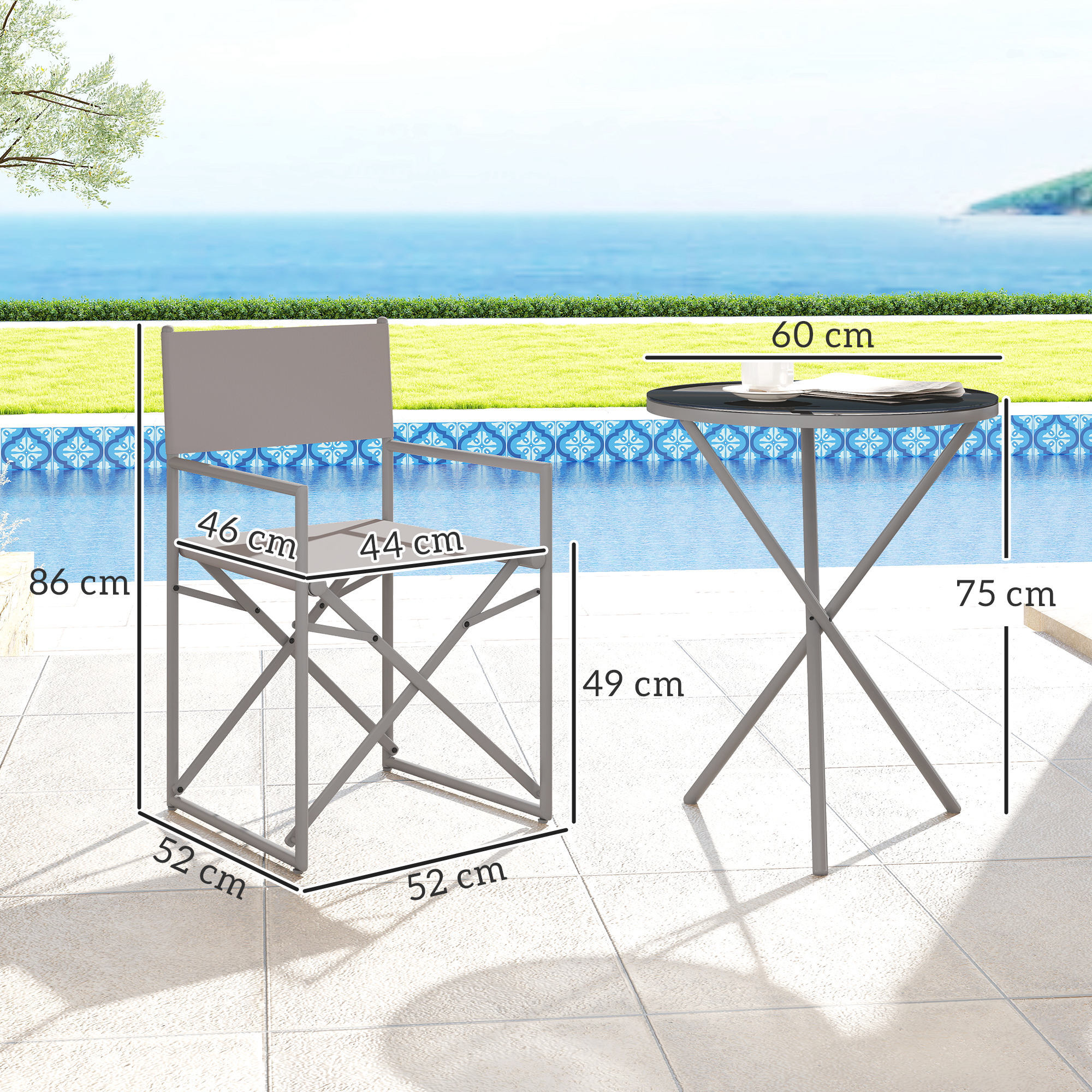 Conjunto de Muebles de Jardín de 3 Piezas Juego de Muebles de Balcón con 2 Sillas Plegables Mesa con Encimera de Vidrio Templado y Estructura de Acero para Terraza Patio Exterior Gris Oscuro