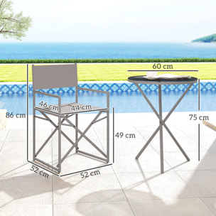 Conjunto de Muebles de Jardín de 3 Piezas Juego de Muebles de Balcón con 2 Sillas Plegables Mesa con Encimera de Vidrio Templado y Estructura de Acero para Terraza Patio Exterior Gris Oscuro