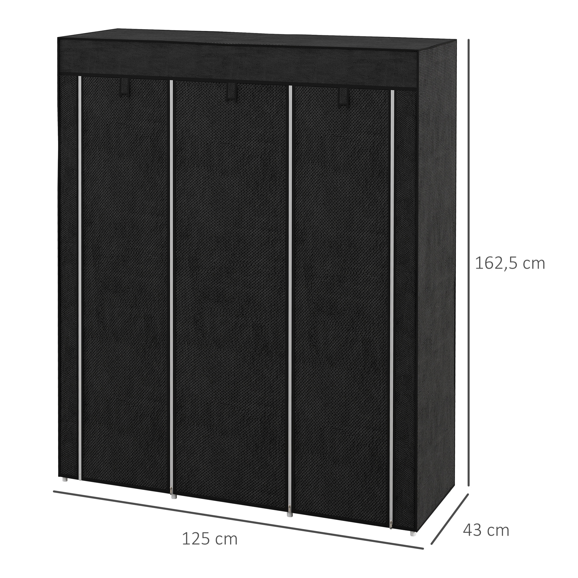 Armario de Tela Plegable, Armario Portátil con 2 Barras para Colgar, 8 Estantes, Marco de Acero, para Dormitorio, Vestidor, 125x43x162,5 cm, Negro