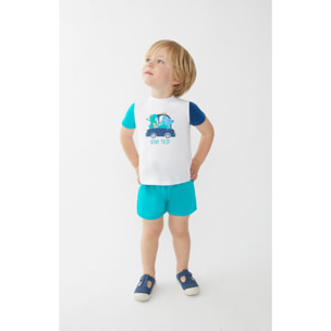 Conjunto Niño Verano 2 Piezas Camiseta Blanca “Dino Trip” con Mangas Color Block + Pantalón Corto Turquesa Algodón Suave | Color: Verde mar | Street Monkey
