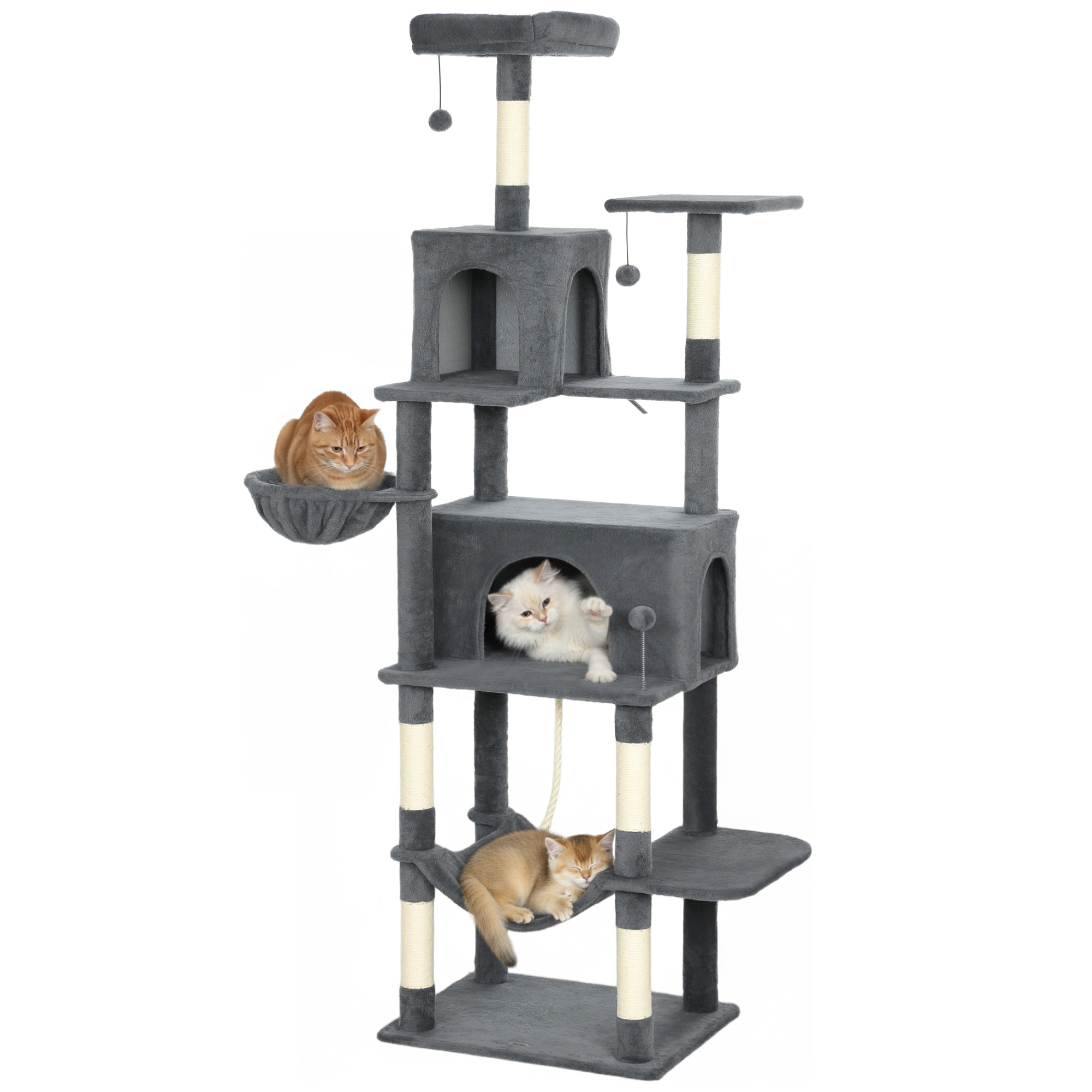 Árbol Rascador para Gatos, Árbol para Gatos 202 cm, Torre Escalador con Plataformas, Cama, Cuevas, Postes de Sisal, Bolas y Cuerda para Jugar, Gris Oscuro