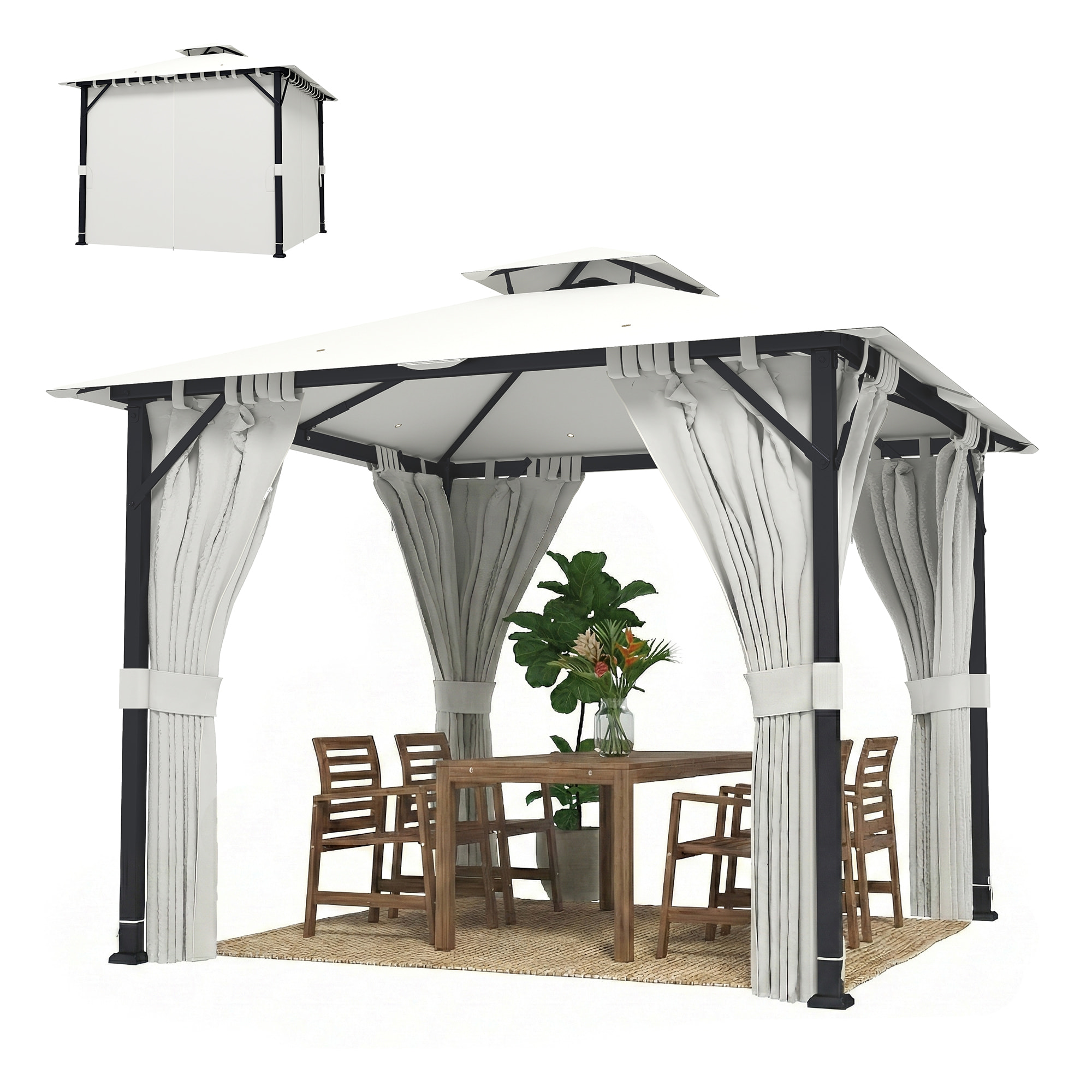 Pavillon de jardin 3x3m toit double rideaux crème