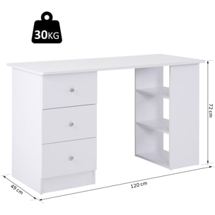 Bureau informatique multimédia multi-rangements 3 tiroirs 2 étagères 120L x 49l x 72H cm blanc