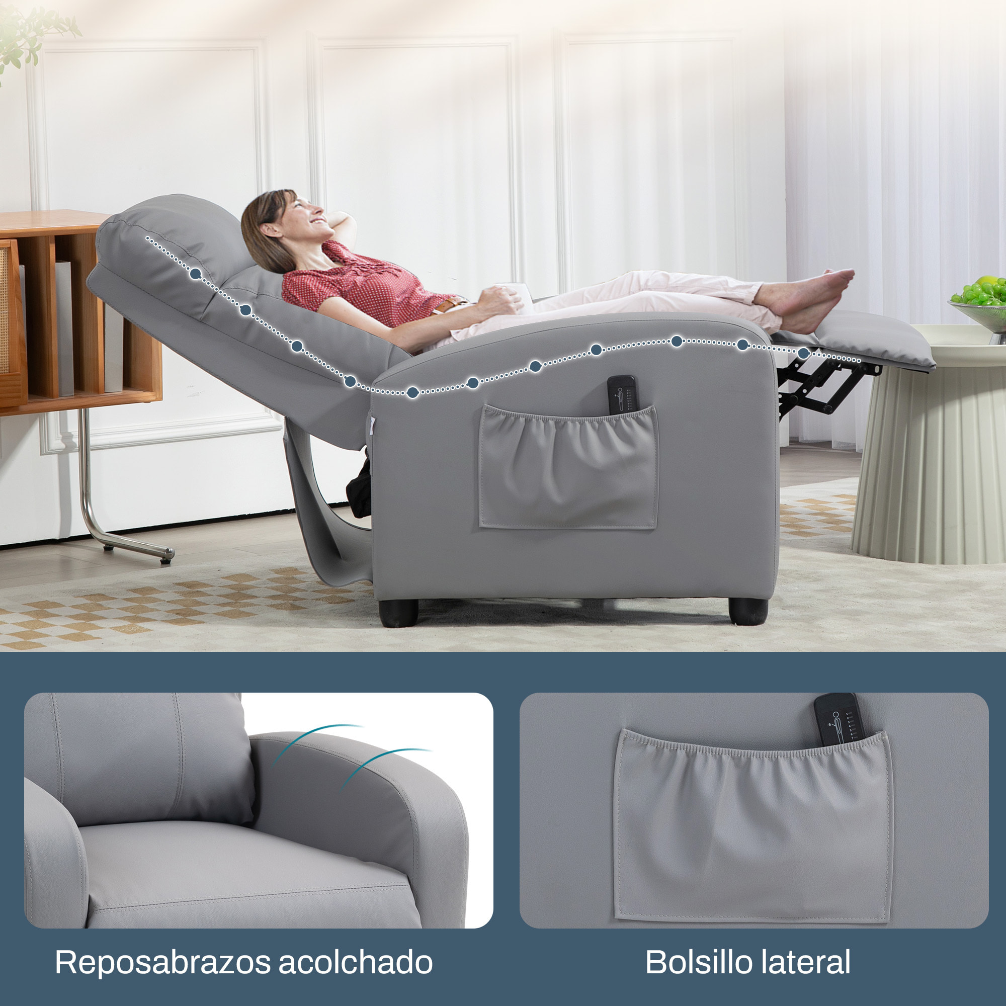 Sillón de Masaje Sillón Relax Reclinable con Mando a Distancia 2 Zonas de Masaje 8 Programas 5 Niveles de Intensidad 1 Bolsillo Lateral y Temporizador Tapizado en PU 68x88x98 cm Gris Claro