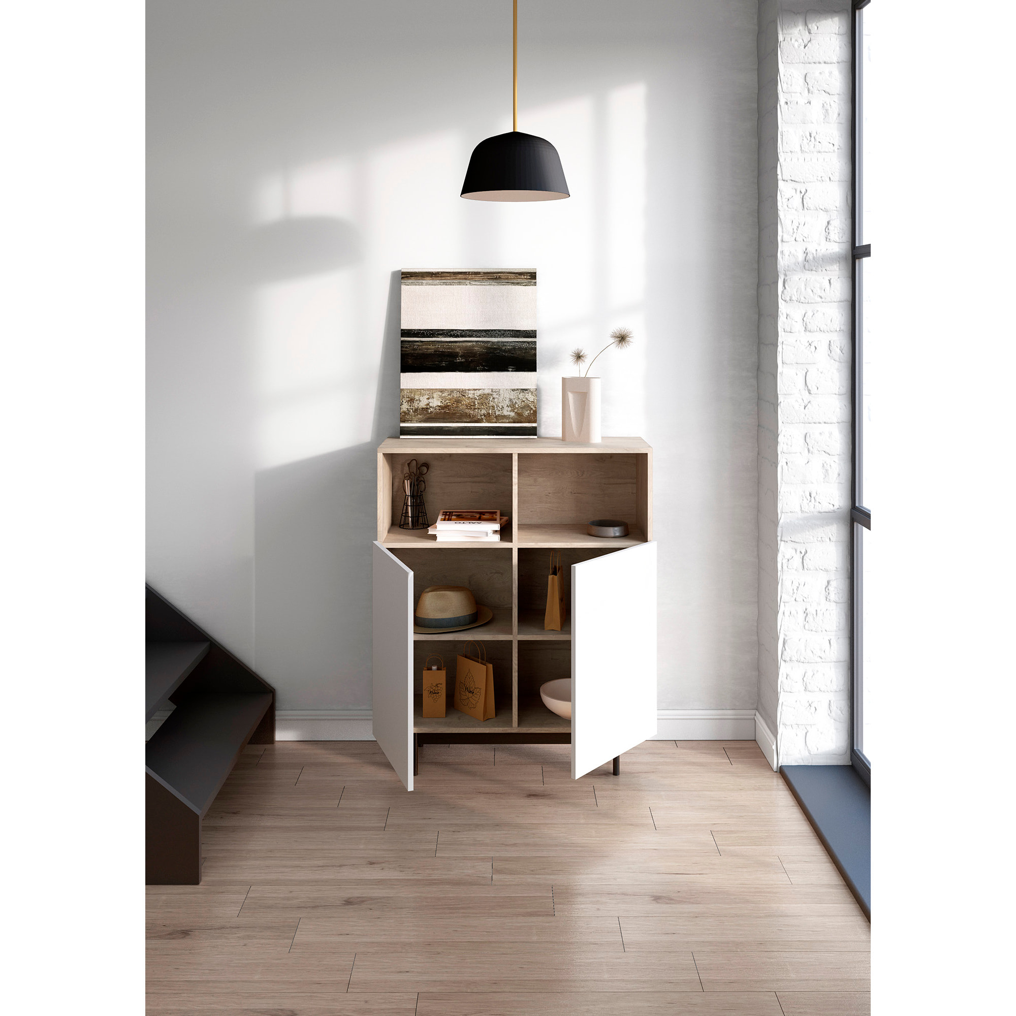 Aparador 2 huecos Printed roble y blanco 110x90x34 cm