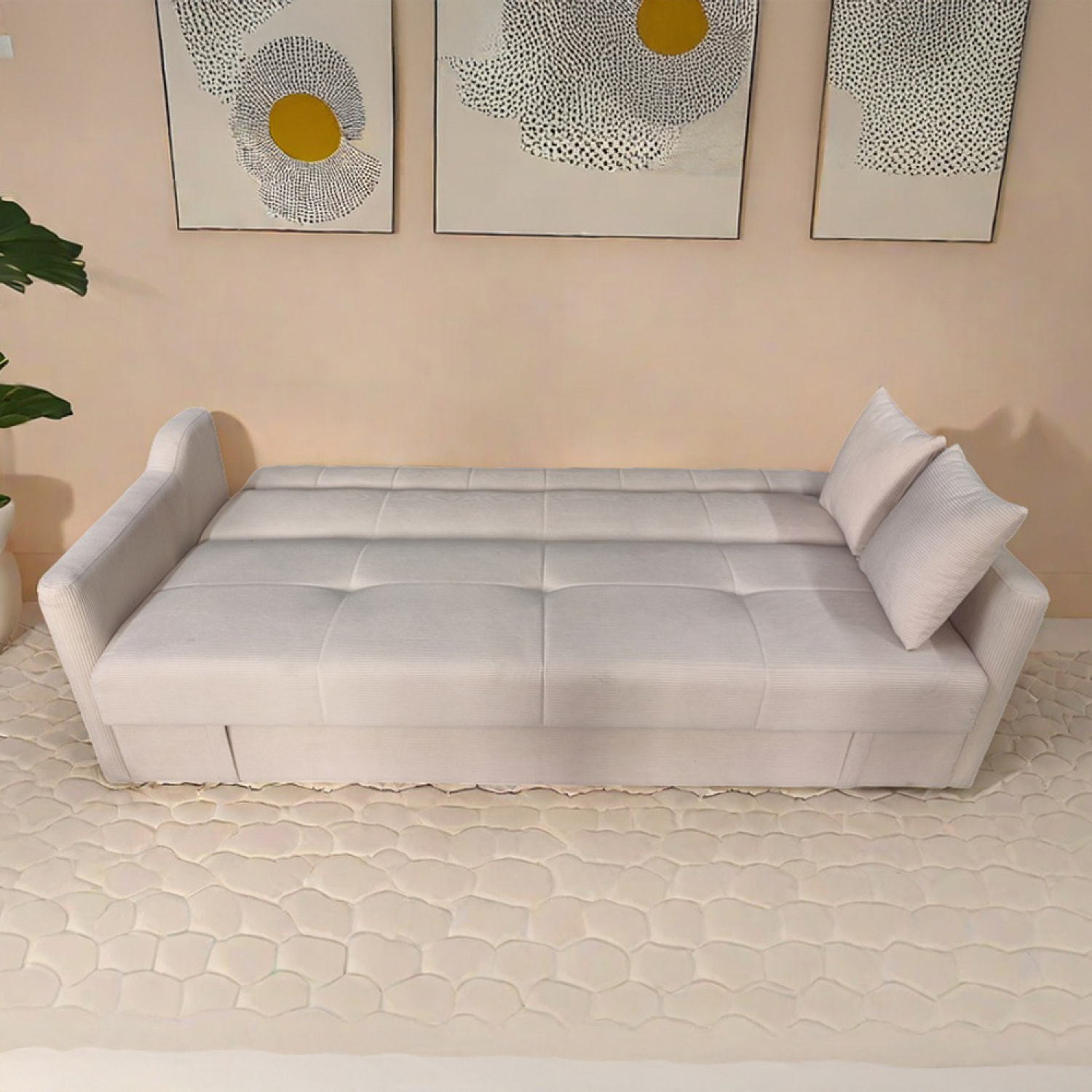 BAKAR Canapé convertible avec coffre en velours cotelé beige 3 places