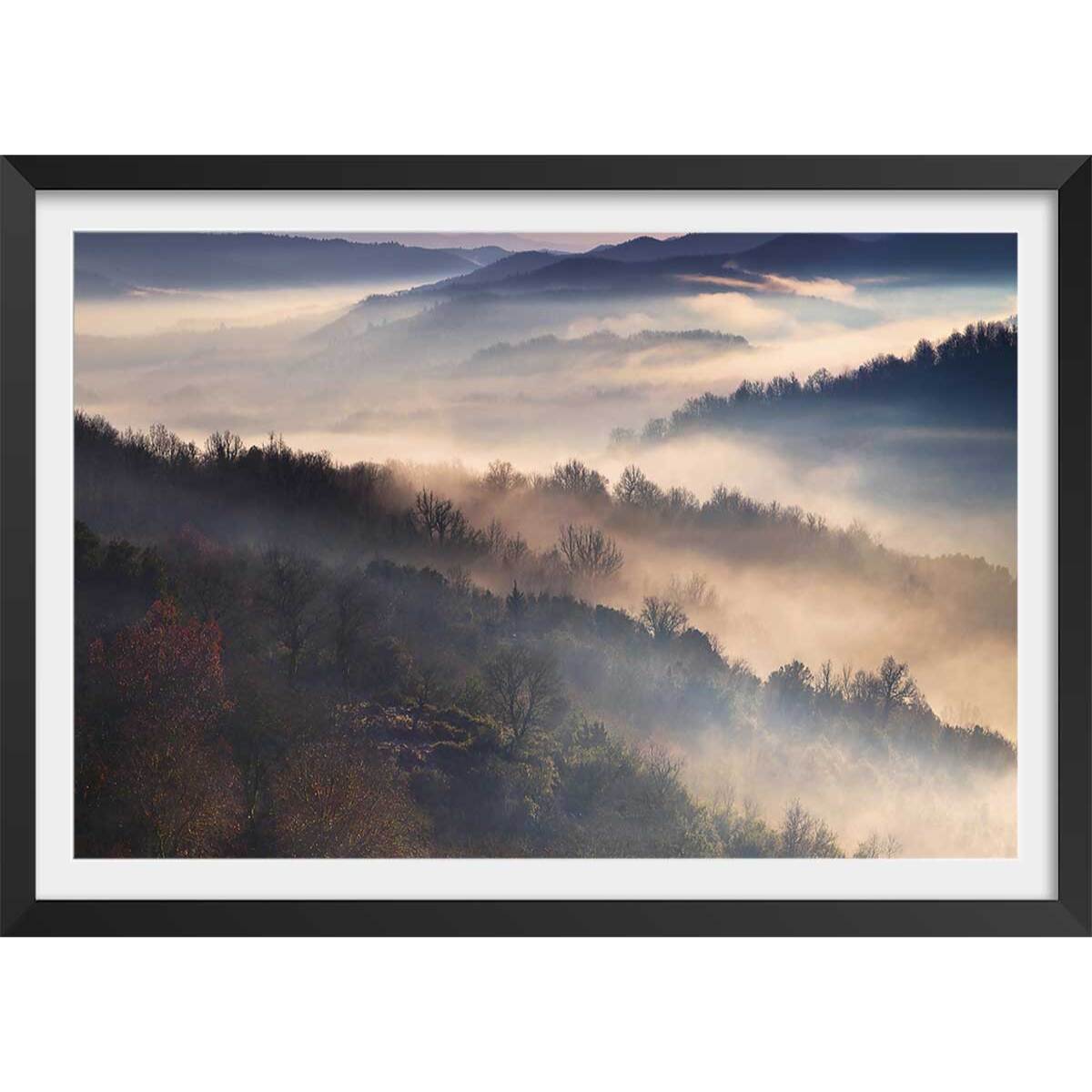 Affiche paysage brume magique Affiche + cadre en bois - Noir