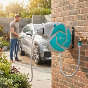 Enrollador de Manguera para Jardín 10+1 m con Boquilla de 7 Funciones, Carrete de Manguera de Jardín de Pared, Giratorio 180°, con Retorno Enrollado Automático, Gris Claro y Verde