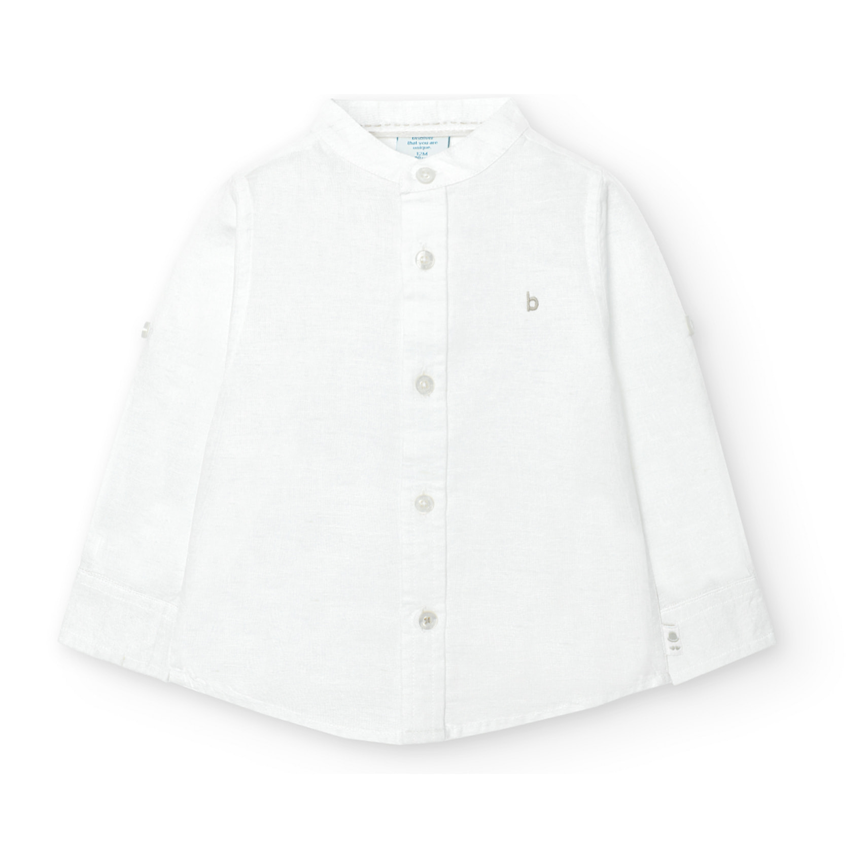 Camisa larga niño, lino estampada lisa, cuello mao, blanco